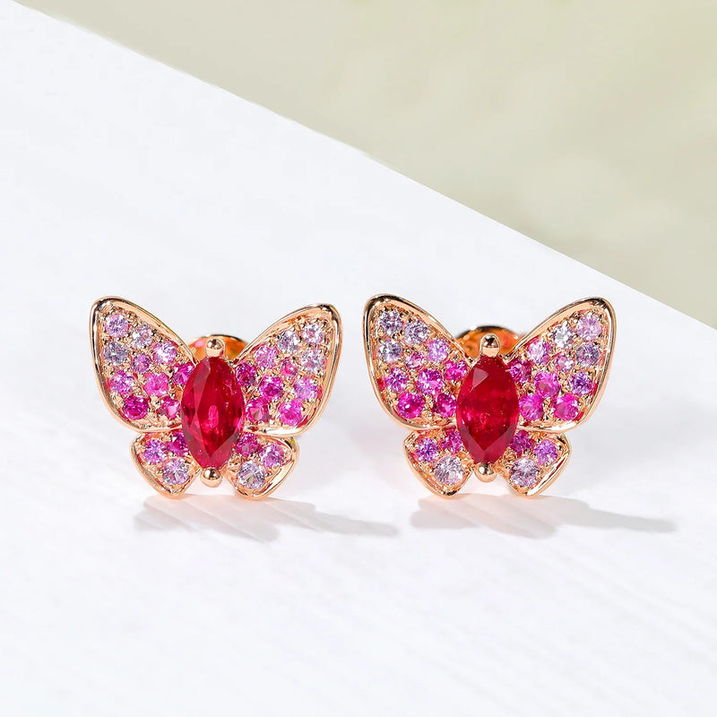 18K Rose Gold Ruby and Sapphire Butterfly Earrings for Women