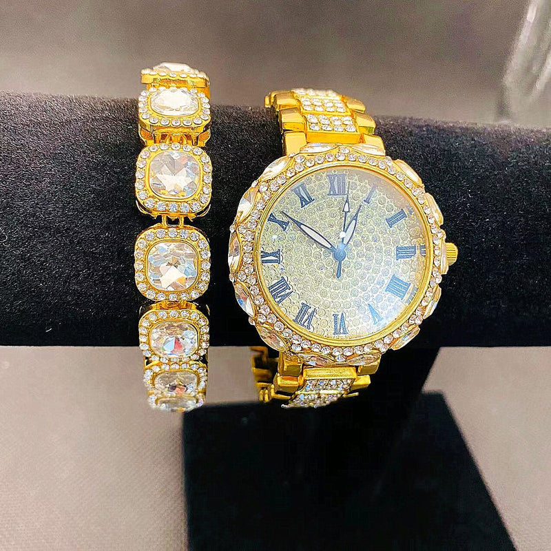 Silver/Gold Iced Out Diamond Watch with Tennis Chain Bracelet Set for Women