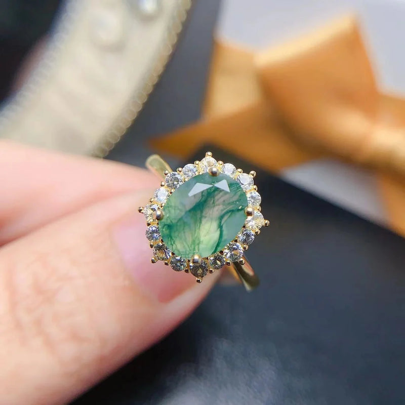 Sterling Silver Natural Moss Agate Ring for Women