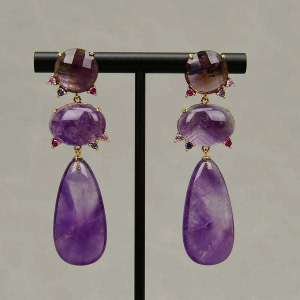 Gold Plated Purple Amethyst Quartz CZ Teardrop Earrings for Women