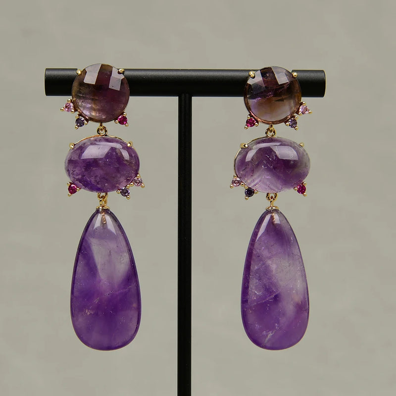 Gold Plated Purple Amethyst Quartz CZ Teardrop Earrings for Women