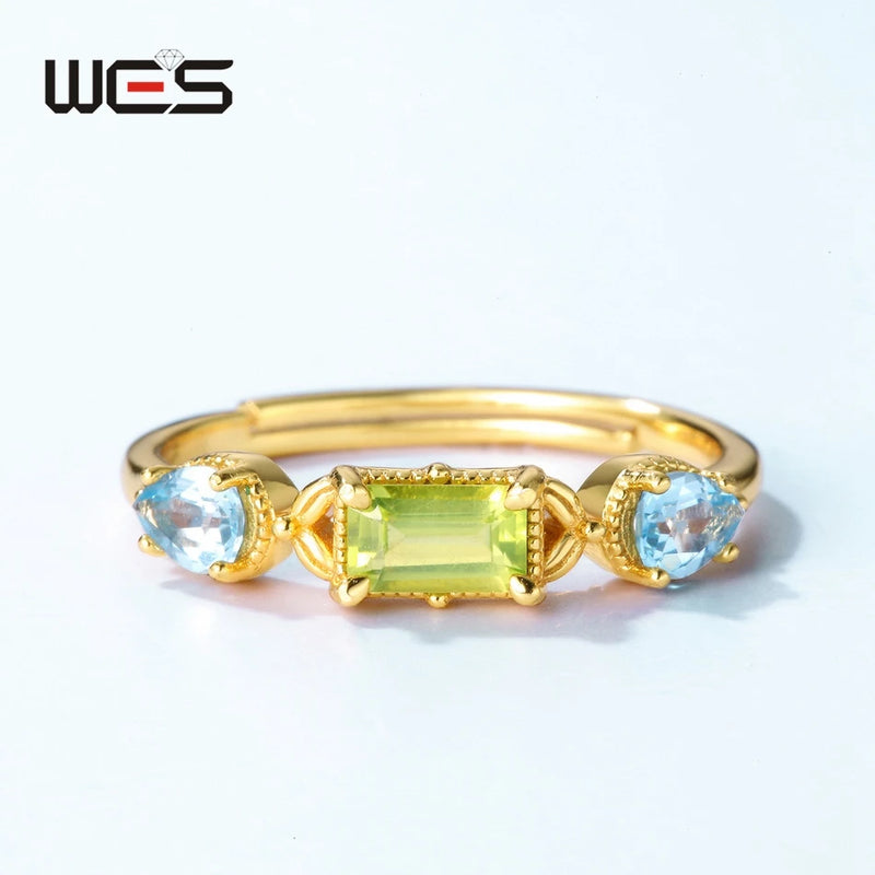 925 Sterling Silver Birthstone Ring with Peridot and Swiss Blue Topaz, Adjustable for Women