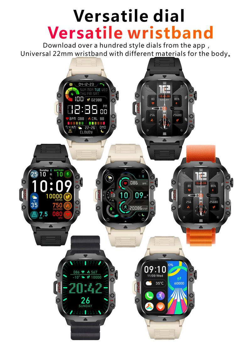 Rugged Military-Style Fitness Smart Watch for Android & IOS, Featuring 3ATM Waterproofing, Sport Functionality, and AI Voice Calling - Ideal for Outdoor Adventures