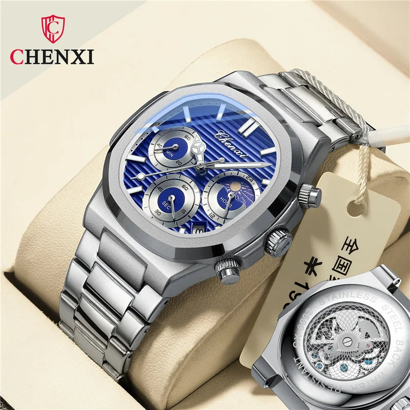 Stainless Steel Quartz Moon Phase Chronograph Watch for Men