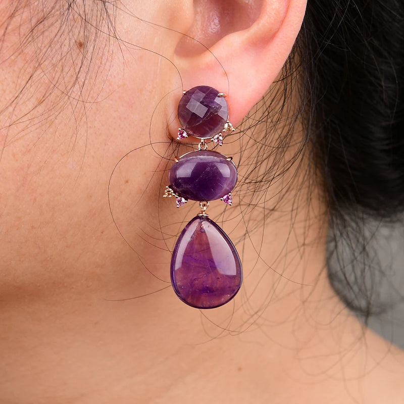 Gold Plated Amethyst Quartz Zircon CZ Teardrop Earrings for Women