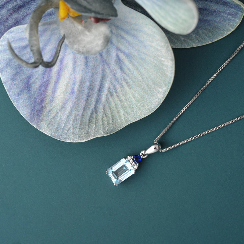 925 Sterling Silver Emerald Cut Sky Blue Topaz Pendant Necklace for Woman