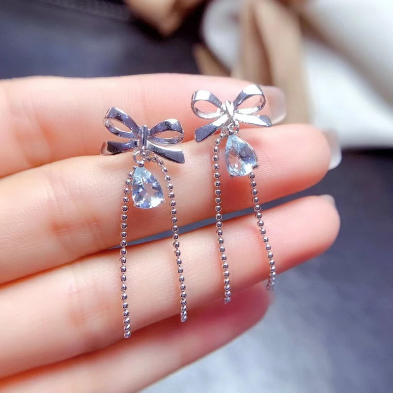 Sterling Silver Aquamarine Bowknot Tassel Earrings for Women