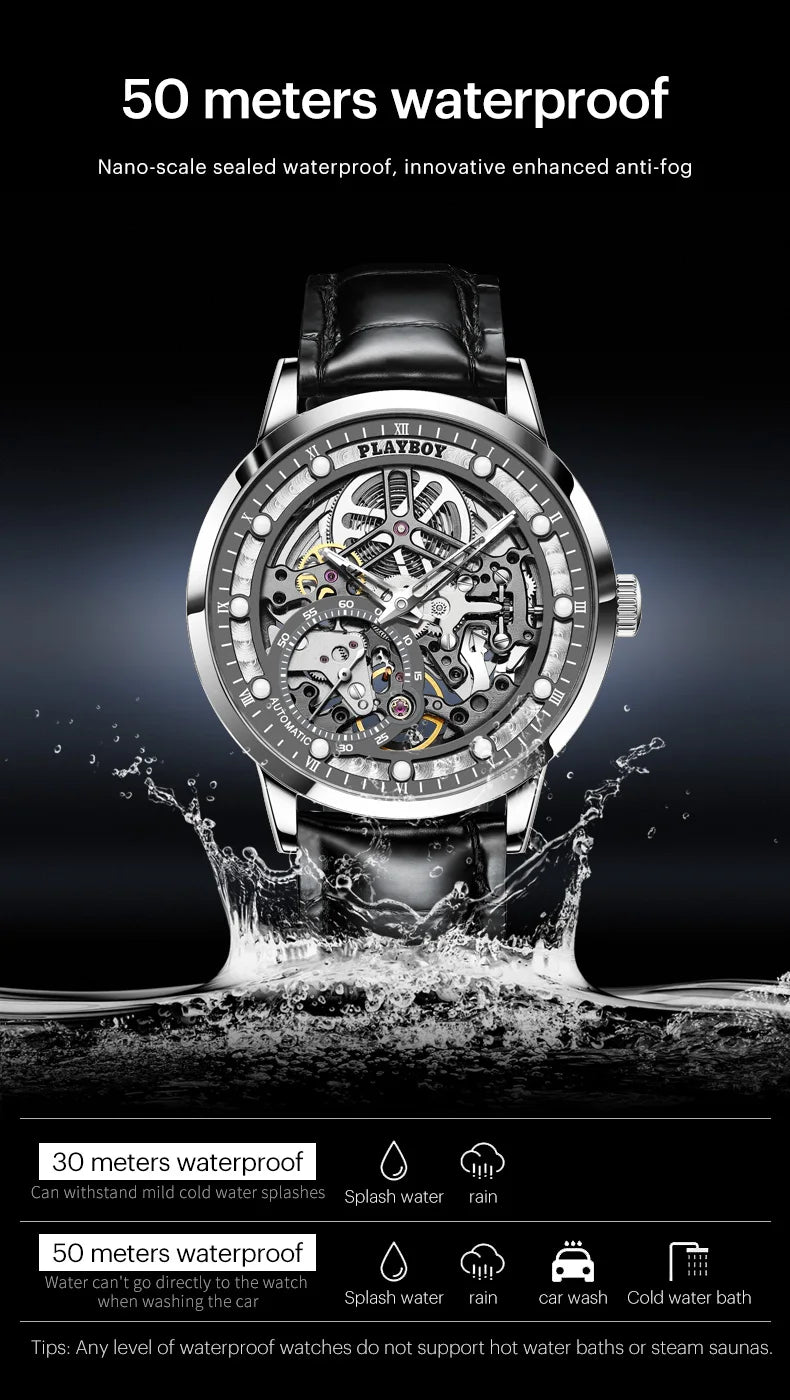 Stainless Steel Leather Strap Skeleton Automatic Mechanical Watch for Men