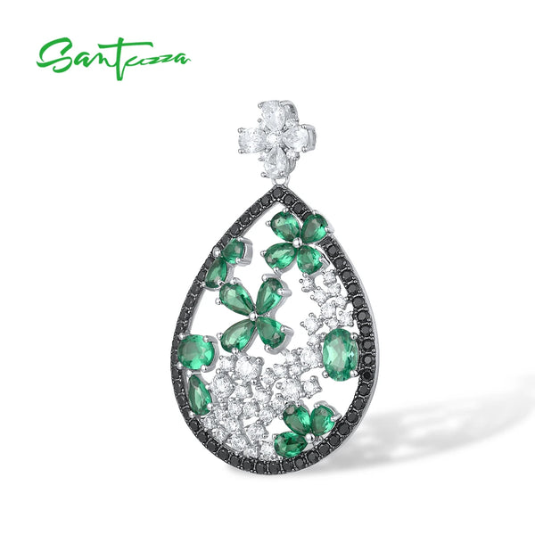 Sterling Silver Green Black Spinel & CZ Flower Pendant for Women