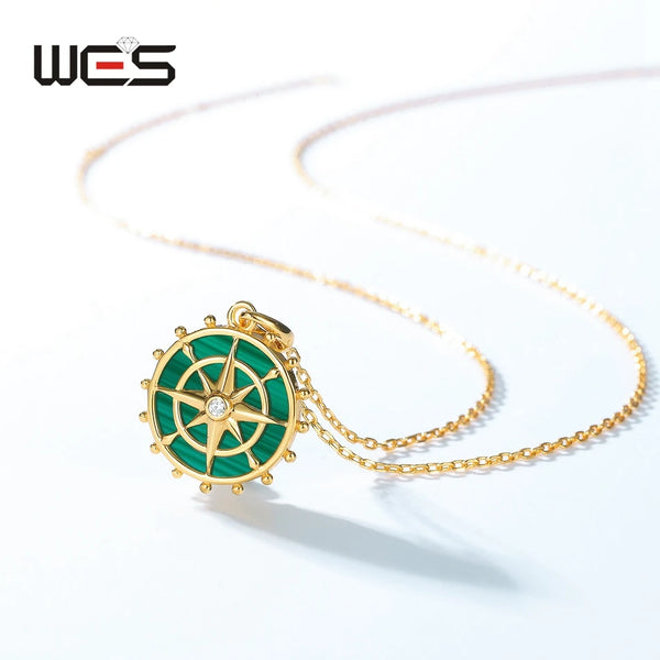 Sterling Silver Rudder Shape Malachite Disc Pendant Necklace for Woman