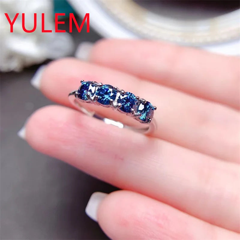 925 Sterling Silver Blue Moissanite Band Ring for Women