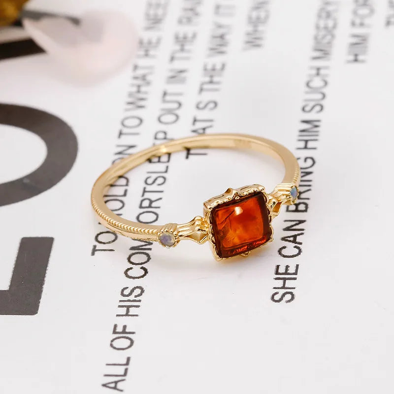 925 Sterling Silver Gold Vermeil Synthetic Amber Square Ring for Women