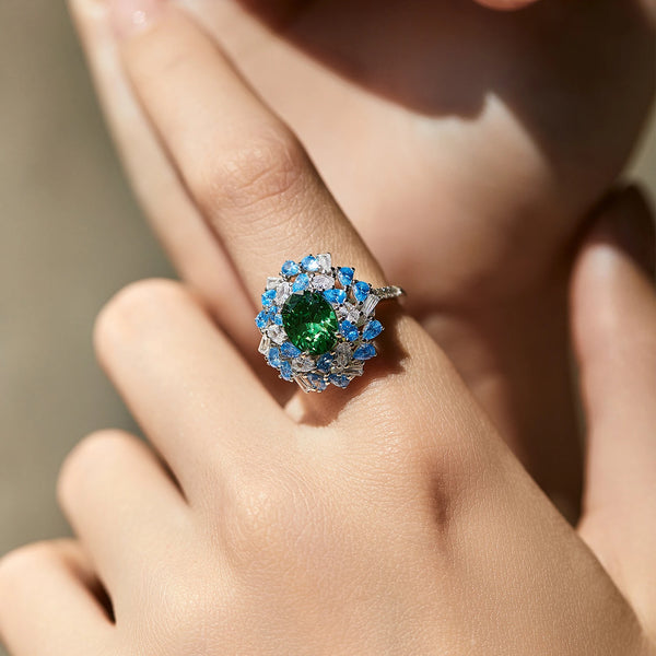 Sterling Silver Colorful Zircon Flower Cocktail Ring for Women