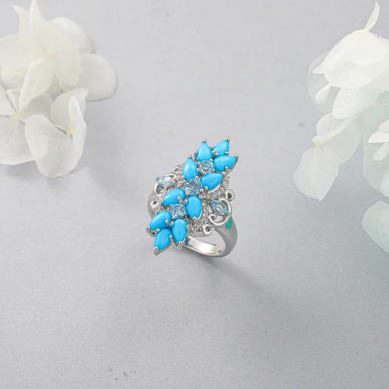 925 Sterling Silver 2 Carats Natural Pear Turquoise Ring for Women