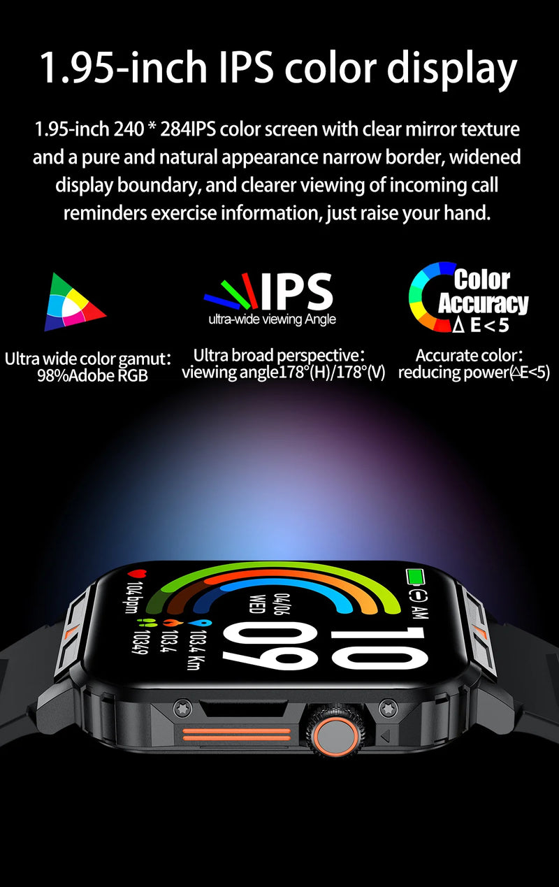 Smartwatch with 1.95 Inch Screen, Health Monitoring, IP68 Waterproof, Suitable for Men and Women