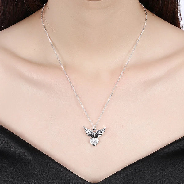 Sterling Silver 18 inches Zircon Heart Wings Pendant Necklace for Women