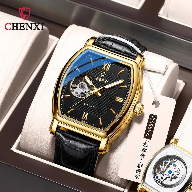 Stainless Steel Fashion Square Hollow Out Mechanical Watch for Men