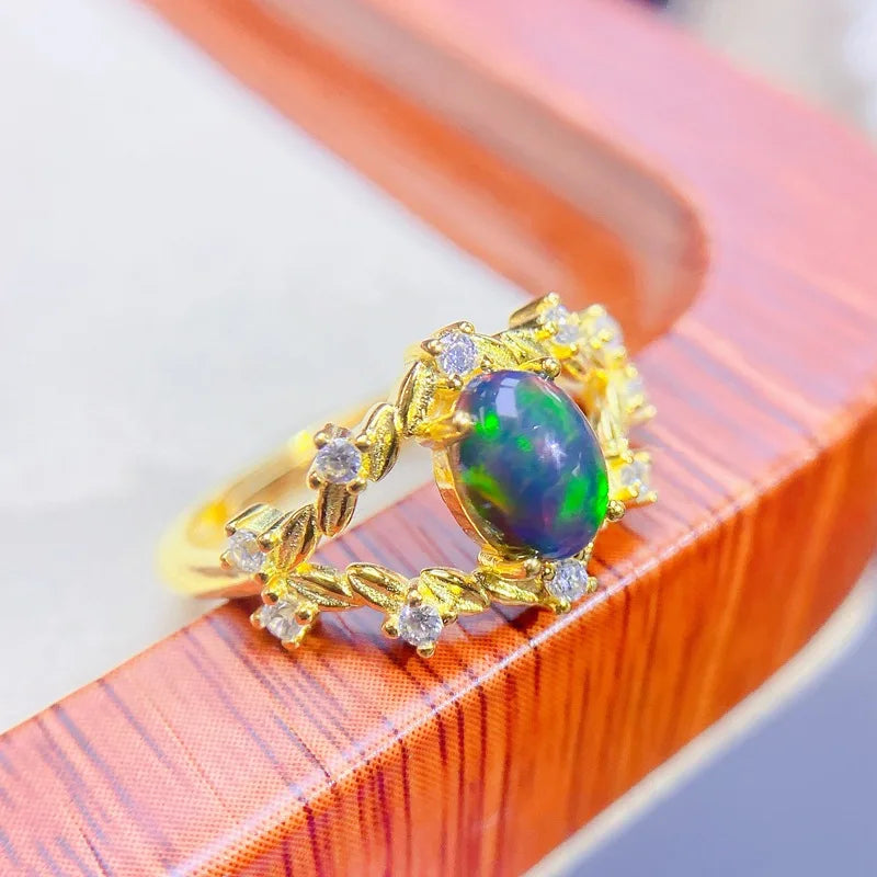 Sterling Silver Ring with Black Opal for Women