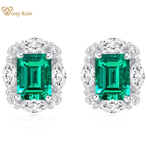 Wong Rain Vintage 100% 925 Sterling Silver 6*8 MM Lab Emerald High Carbon Diamonds Gemstone Ear Studs Earrings Fine Jewelry Gift
