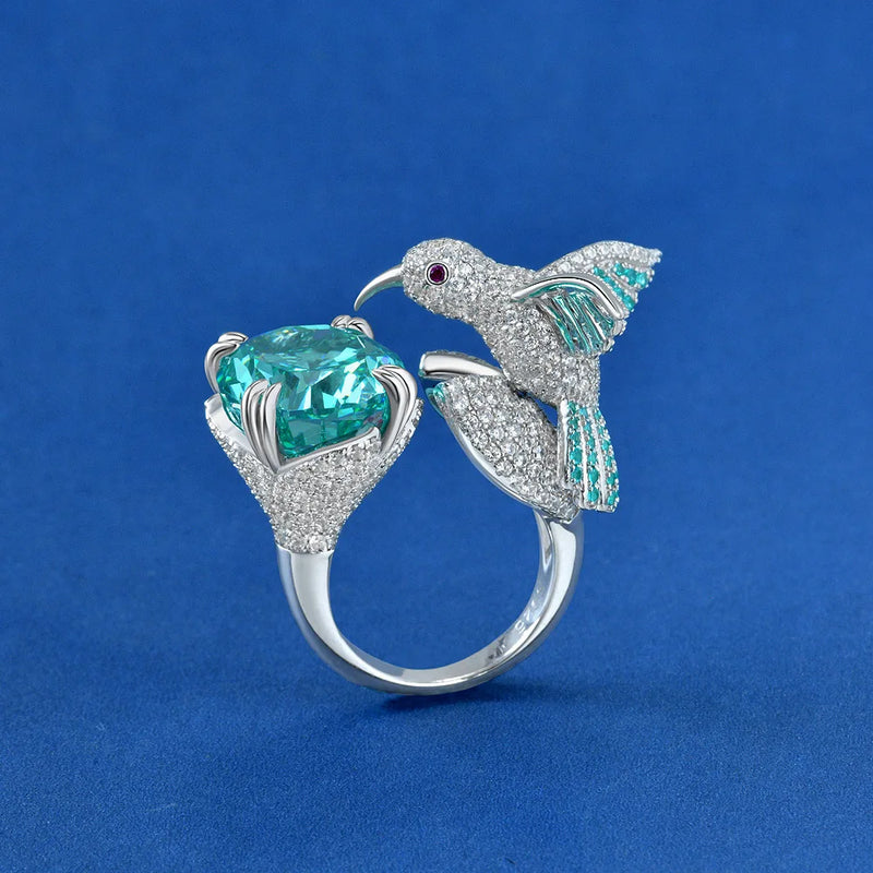 Sterling Silver 6CT Paraiba Tourmaline and Moissanite Hummingbird Ring for Women