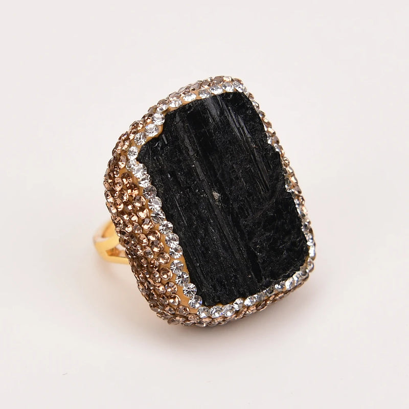 Silver Natural Black Tourmaline & CZ Crystal Paved Ring for Lady