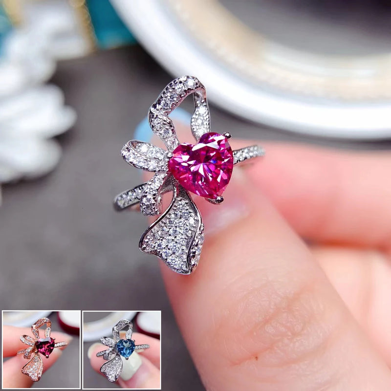 925 Sterling Silver Pink Moissanite/Garnet/Topaz Bow Heart Ring for Women