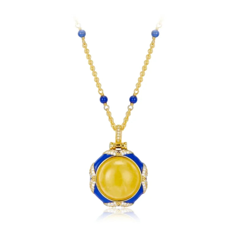 Sterling Silver Natural Amber & Lapis Lazuli Pendant Necklace for Women