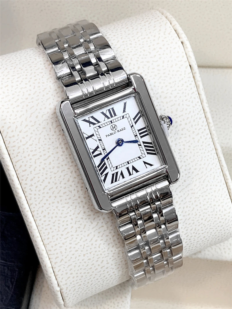 Luxury Square Stainless Steel Watch with Blue Hands & Thin Dial for Women