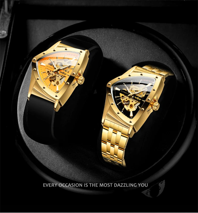 Golden Stainless Steel Skeleton Wrist Watch for Men