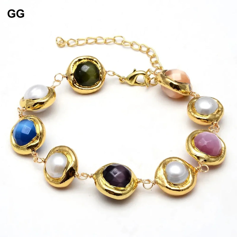 Gold Plated Natural White Keshi Pearl Cat Eye Wrap Bracelet for Ladies