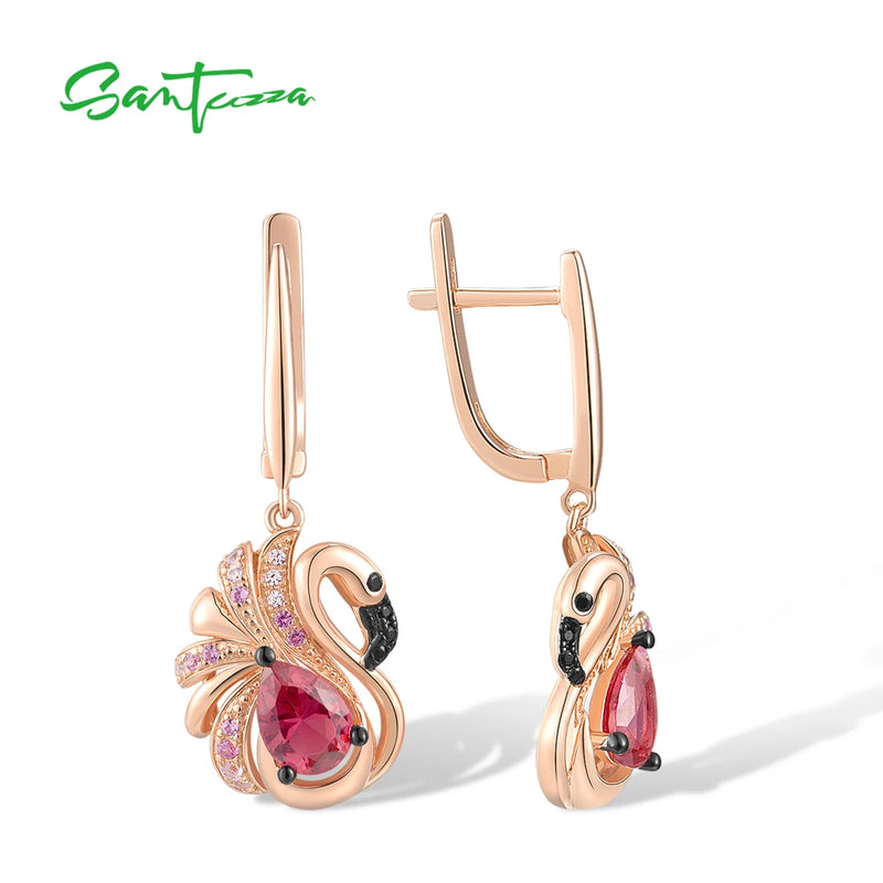 Sterling Silver Created Sapphire and Pink Flamingo Earrings for Women