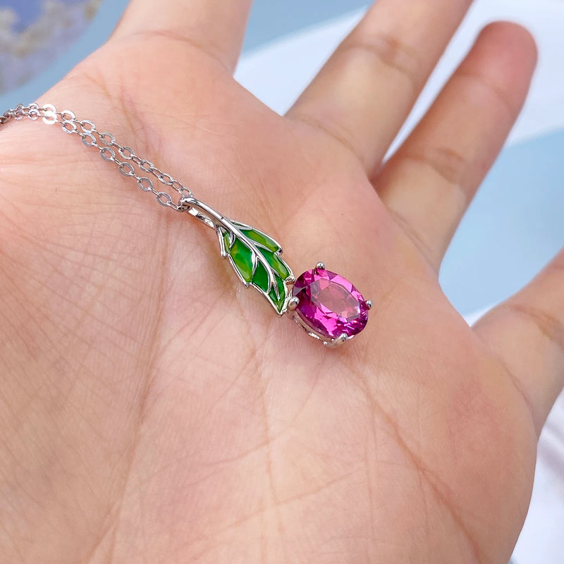 Sterling Silver Green Leaf Pendant Necklace with Pink Topaz for Women