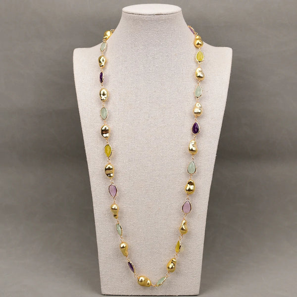 Sterling Silver Natural Fluorite, Lemon Quartz, Amethyst & Jade Long Necklace for Women