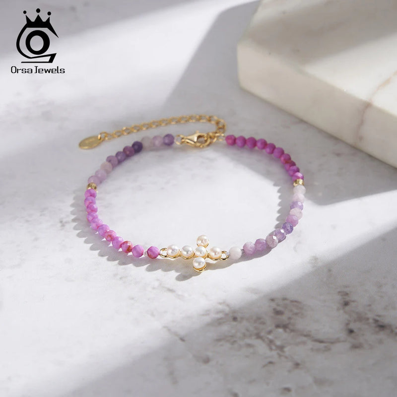 925 Silver Full Purple Mica and Freshwater Pearl Bracelet for Women