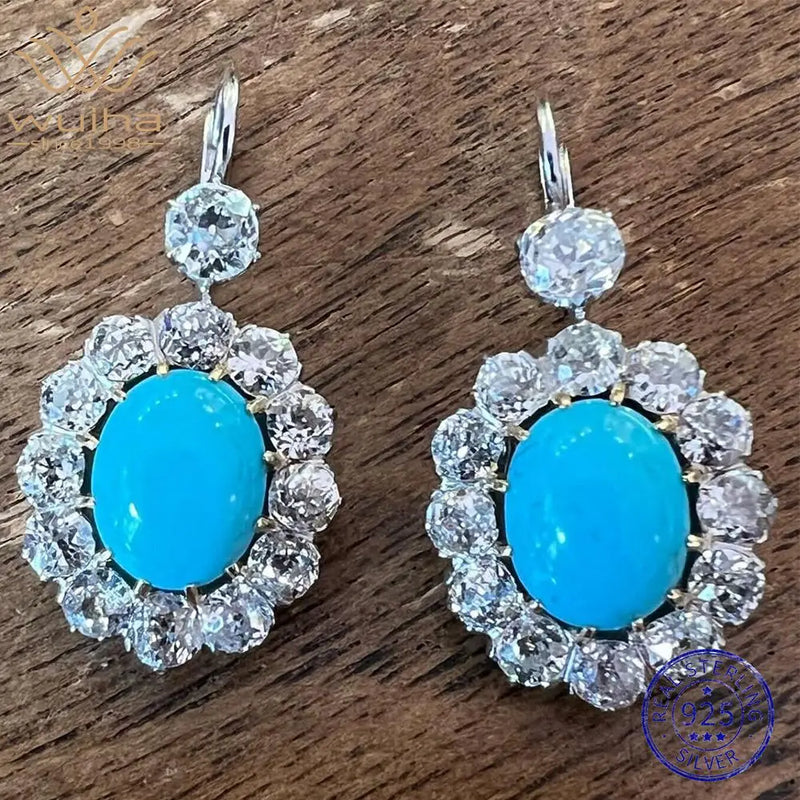 925 Sterling Silver Oval Turquoise Lab Sapphire Gemstones Drop Earrings