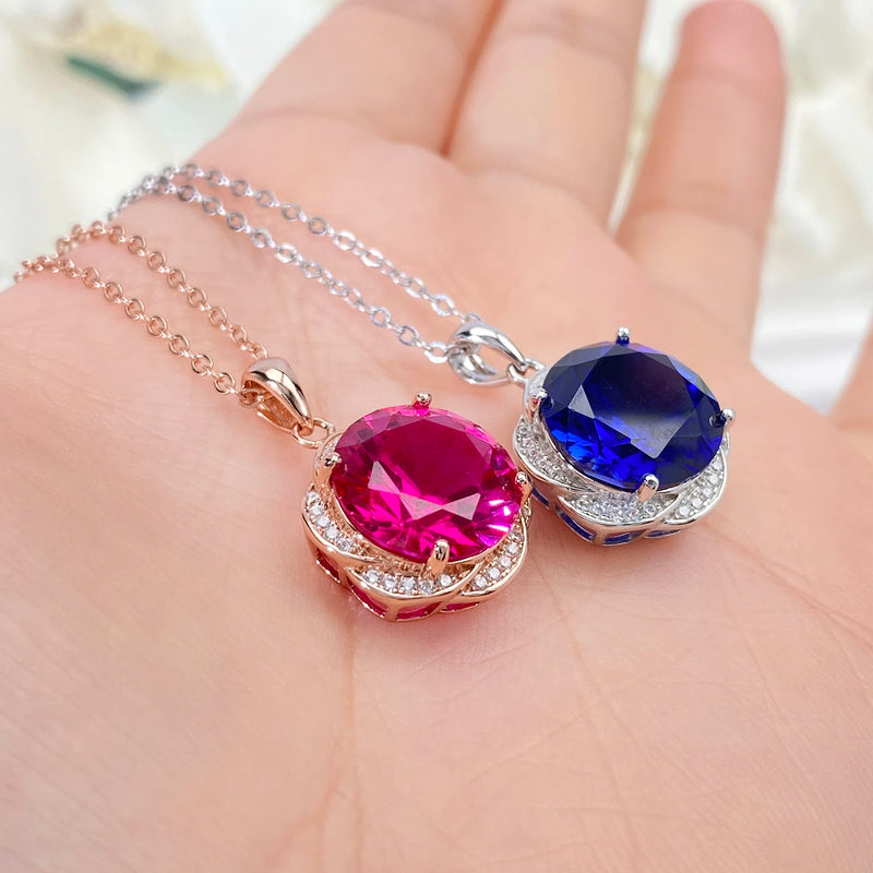 925 Sterling Silver Blue Red Corundum Flower Necklace for Women