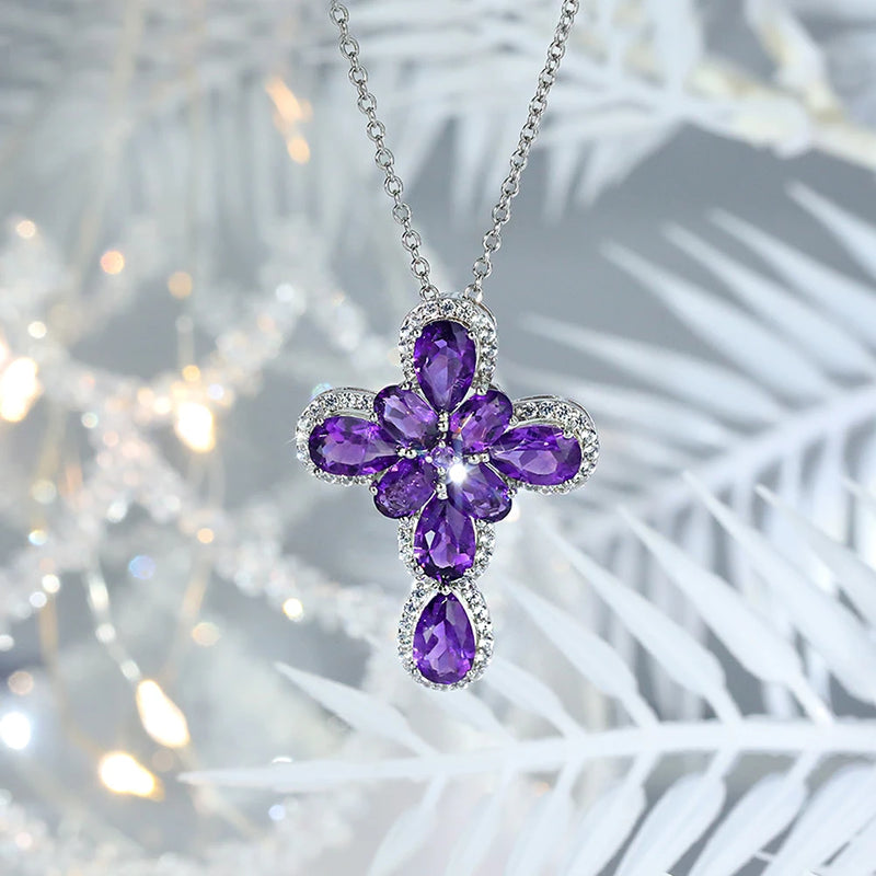 925 Sterling Silver Cross Pendant with 6.5 Carats Natural Peridot, Amethyst, Topaz for Women