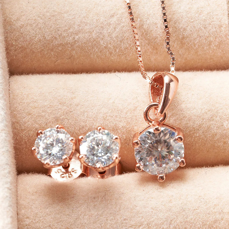 Sterling Silver Rose Gold Plated Moissanite Necklace Earrings Ring Set for Women