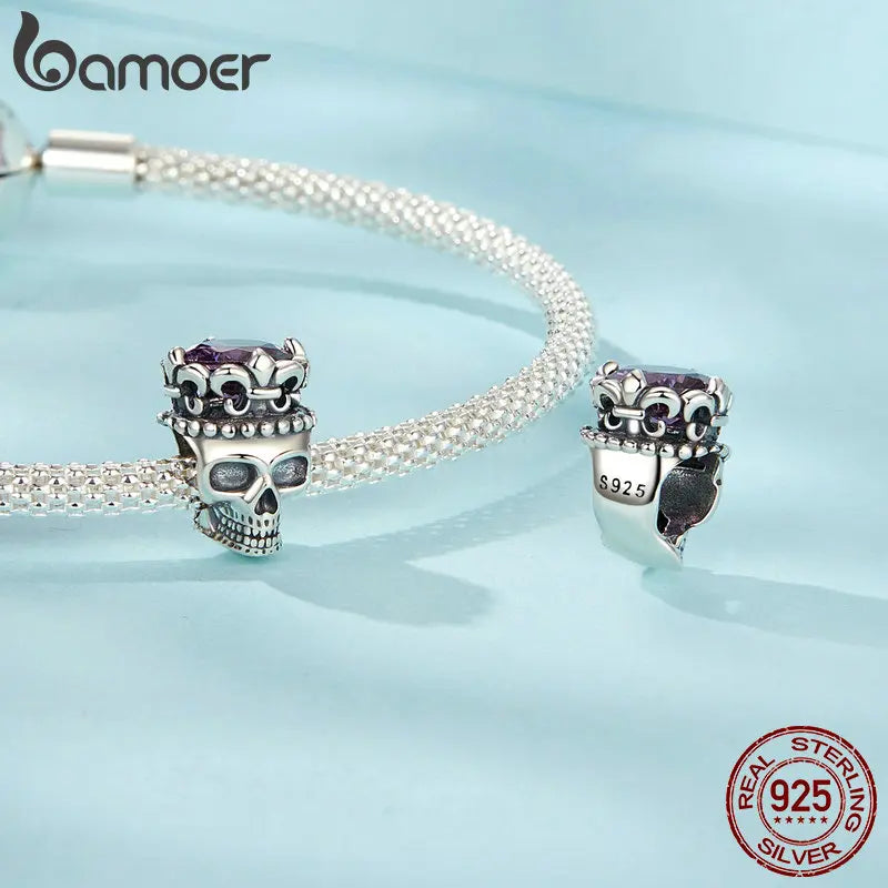 925 Sterling Silver Skull Beads Crown Charms for Women