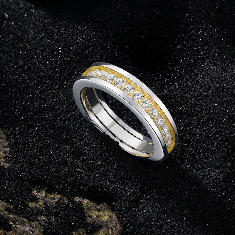 925 Sterling Silver Yellow Gold Color Half Eternity Cubic Zircon Ring for Men