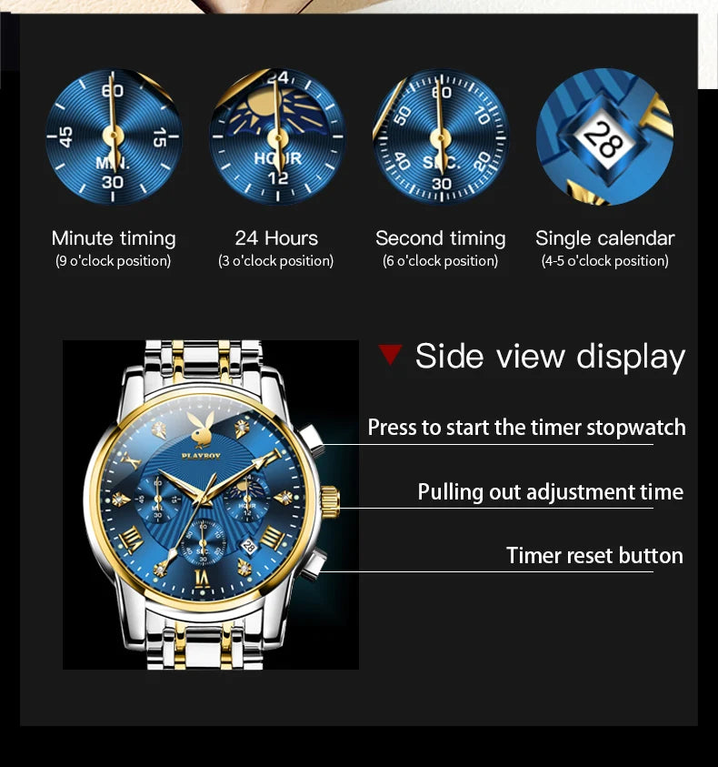 Stainless Steel Multifunction Fashion Quartz Watch for Men