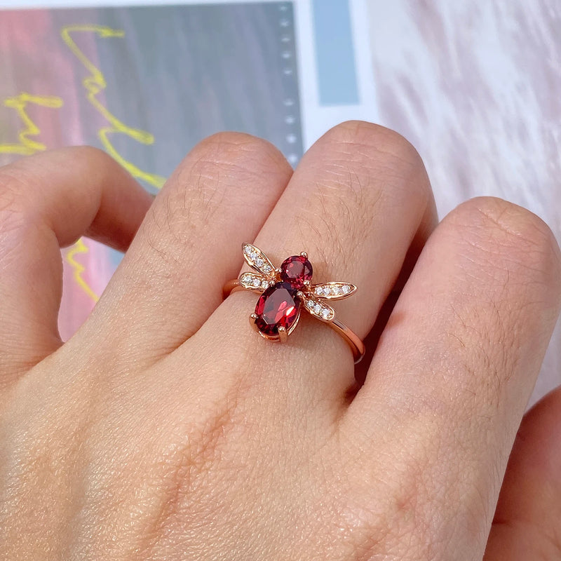 925 Sterling Silver Red Garnet Bee Ring for Women