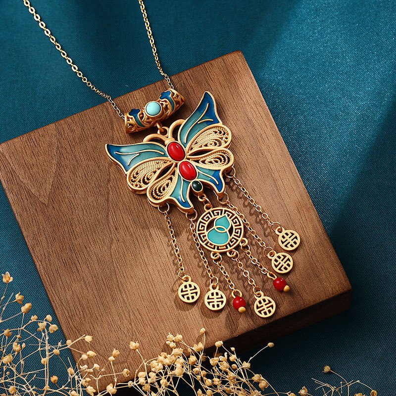 Enamel Bow Tassel Pendant Necklace in Chinese Style for Women