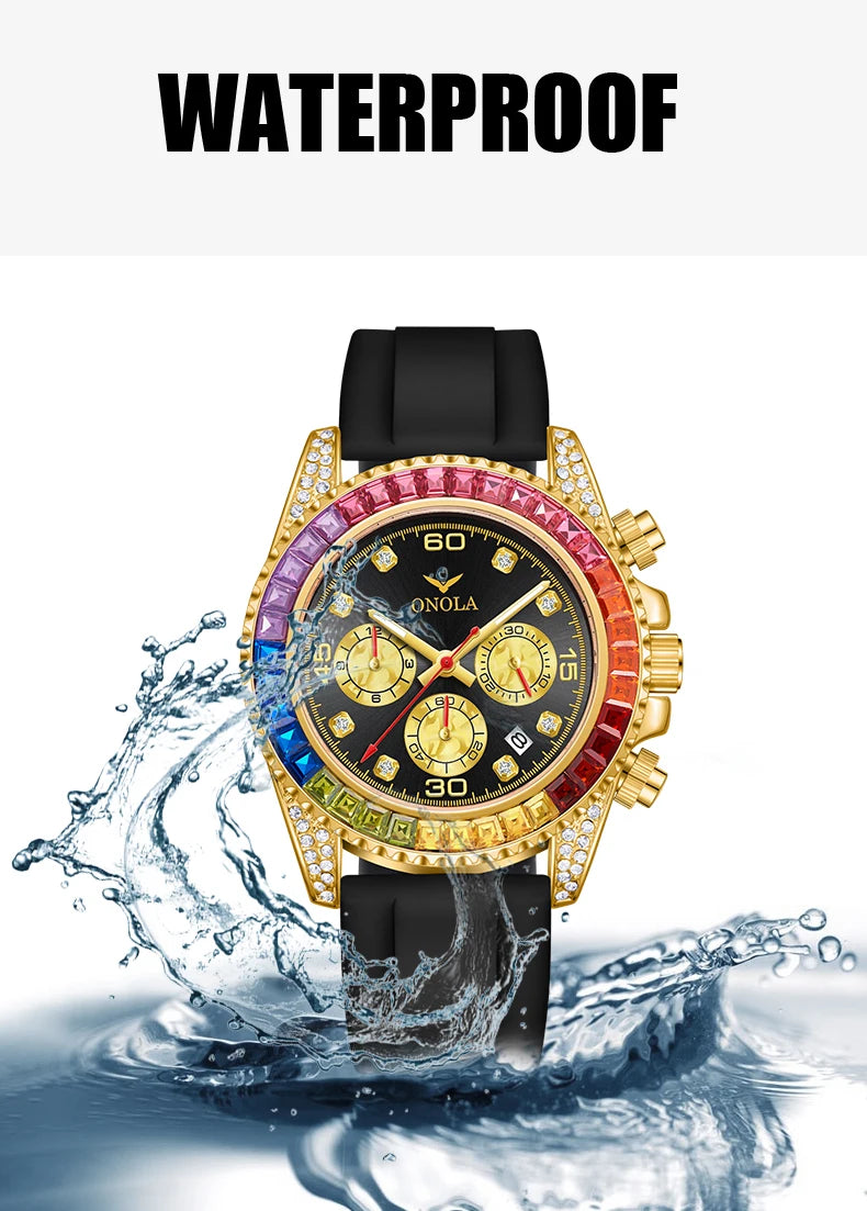 Stainless Steel Colored Diamond High-Quality Quartz Watch for Men