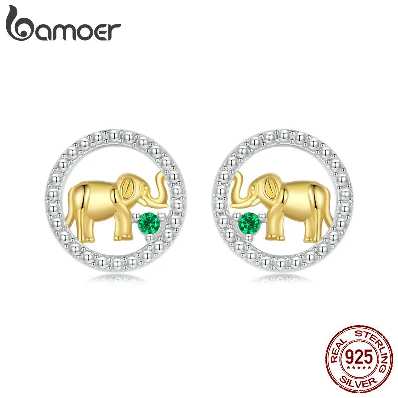 Solid 925 Sterling Silver Golden Elephant Stud Earrings for Women