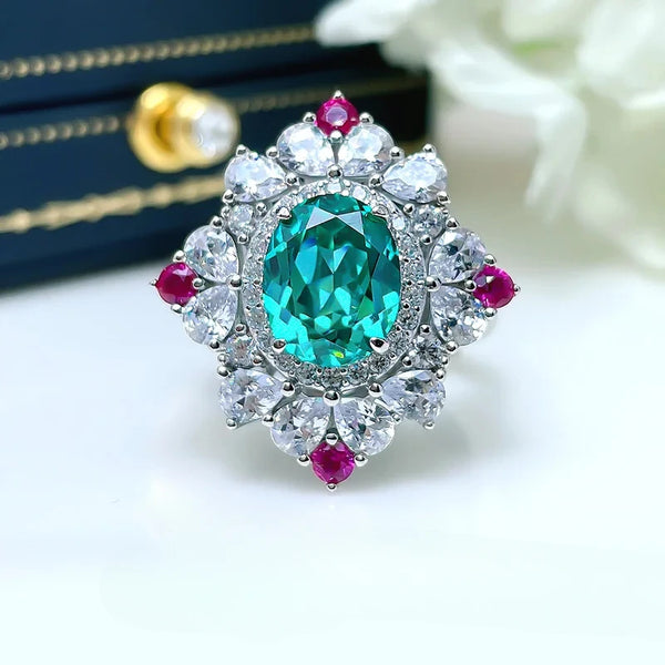 925 Silver Tourmaline Ring with Diamonds, Flower Stamen Egg Shape for Women