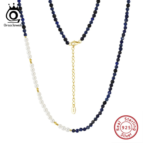 S925 Silver Lapis Lazuli Beads and Shell Pearl Necklace for Women