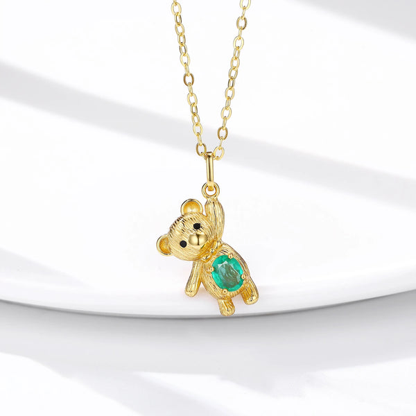 925 Sterling Silver Bear Pendant Necklace with Emerald, for Women