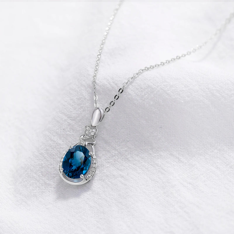 14K White Gold London Blue Topaz Pendant Necklace for Women