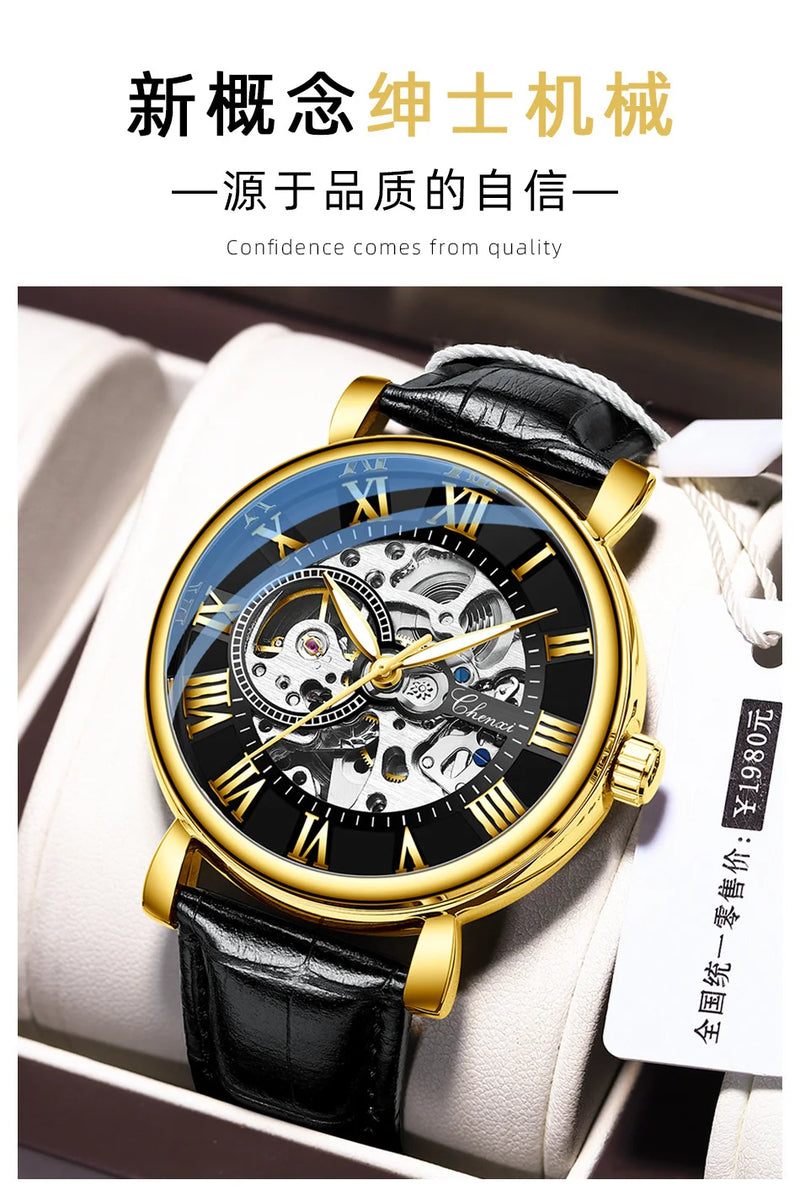 Stainless Steel Skeleton Automatic Luminous Mechanical Watch for Men